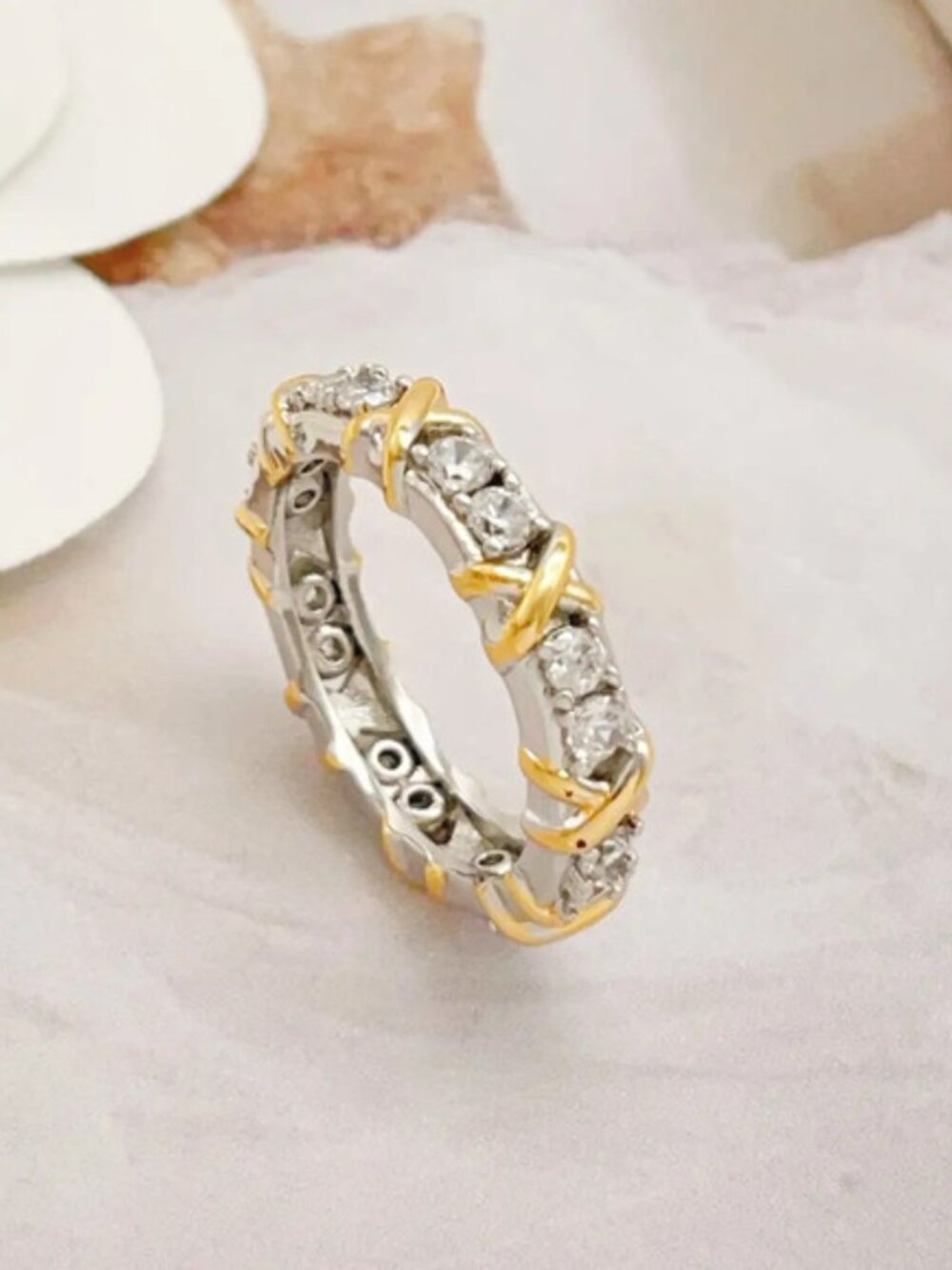 Tiffany & Co. Silver White Diamond Gold X Symbol Ring
